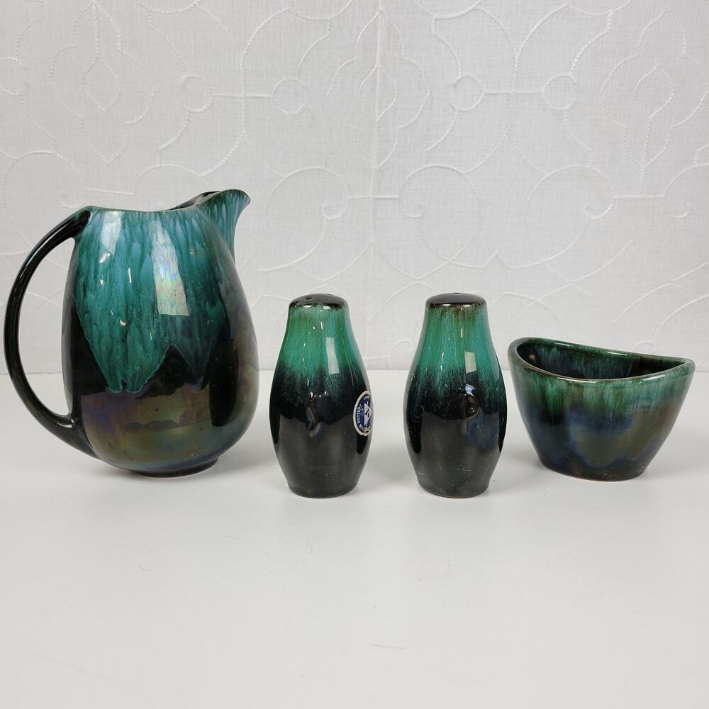 Vintage Blue Mountain Pottery Table Set Green Drip Glaze Ceramic Set of 4